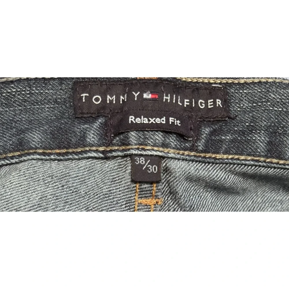 Vintage 90s Tommy Hilfiger Mens 38x30 Spell Out Faded Relaxed Fit Wide Leg Jeans